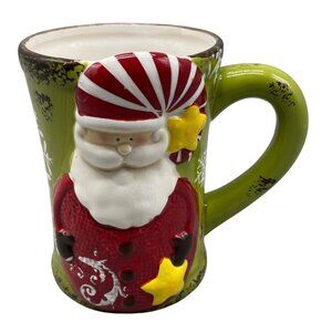 Ceramic Santa Claus Christmas Mug Green Handle & Festive Snowflake Design READ